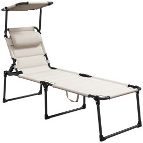 Outsunny Outdoor Lounge Chair, Adjustable Backrest Folding Chaise Lounge, Cushioned Tanning Chair w/Sunshade Roof & Pillow Headrest for Beach, Camping