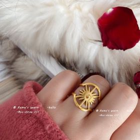 European and American Three-dimensional Light Modeling Golden Stainless steel Ring Fashion Jewelry Accessories For Korean Womans (Stone Color: Gold, Ring Size: 7)