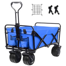 Collapsible Heavy Duty Beach Wagon Cart Outdoor Folding Utility Camping Garden Beach Cart with Universal Wheels Adjustable Handle Shopping (Color: Blue)